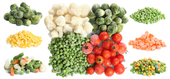 Image of Set of different frozen vegetables on white background