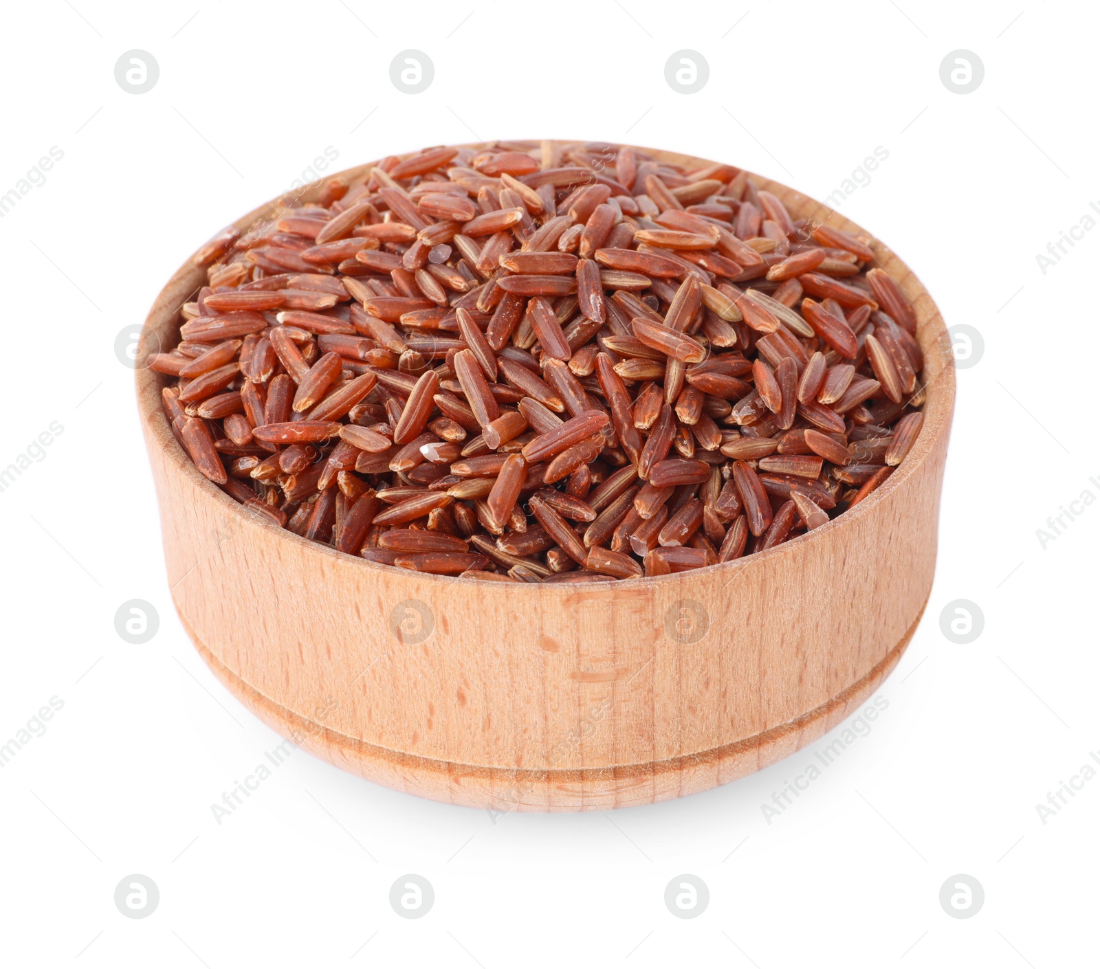 Photo of Bowl with raw red rice isolated on white