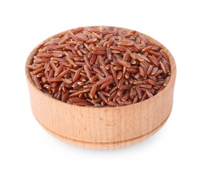 Photo of Bowl with raw red rice isolated on white