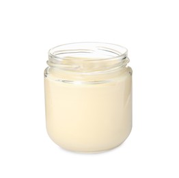Photo of Jar of delicious mayonnaise isolated on white