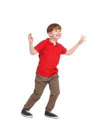 Little boy having fun on white background