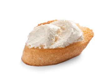 Photo of Piece of baguette with tasty cream cheese on white background