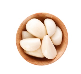 Photo of Bowl with preserved garlic on white background, top view