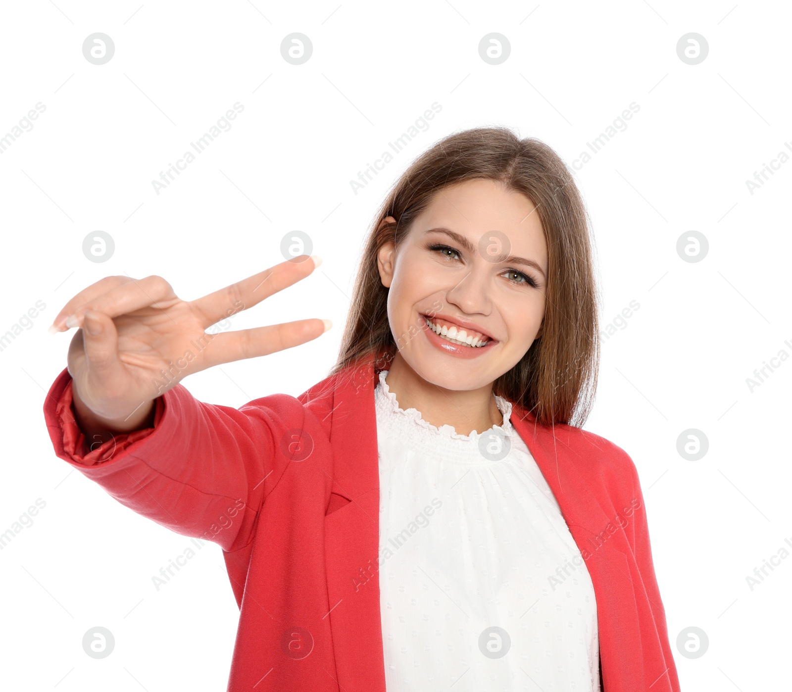 Photo of Young businesswoman celebrating victory on white background