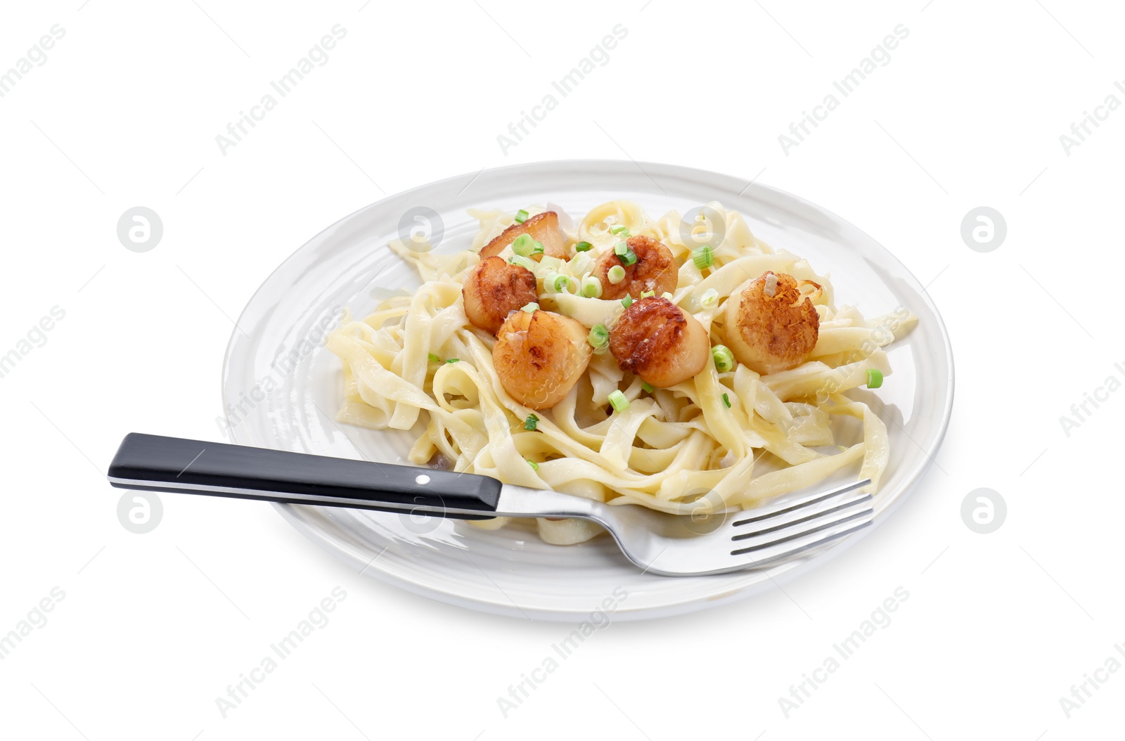 Photo of Delicious scallop pasta with onion and fork isolated on white