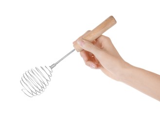 Photo of Woman holding metal whisk on white background, closeup