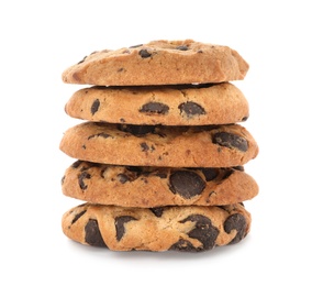 Stack of tasty chocolate cookies on white background