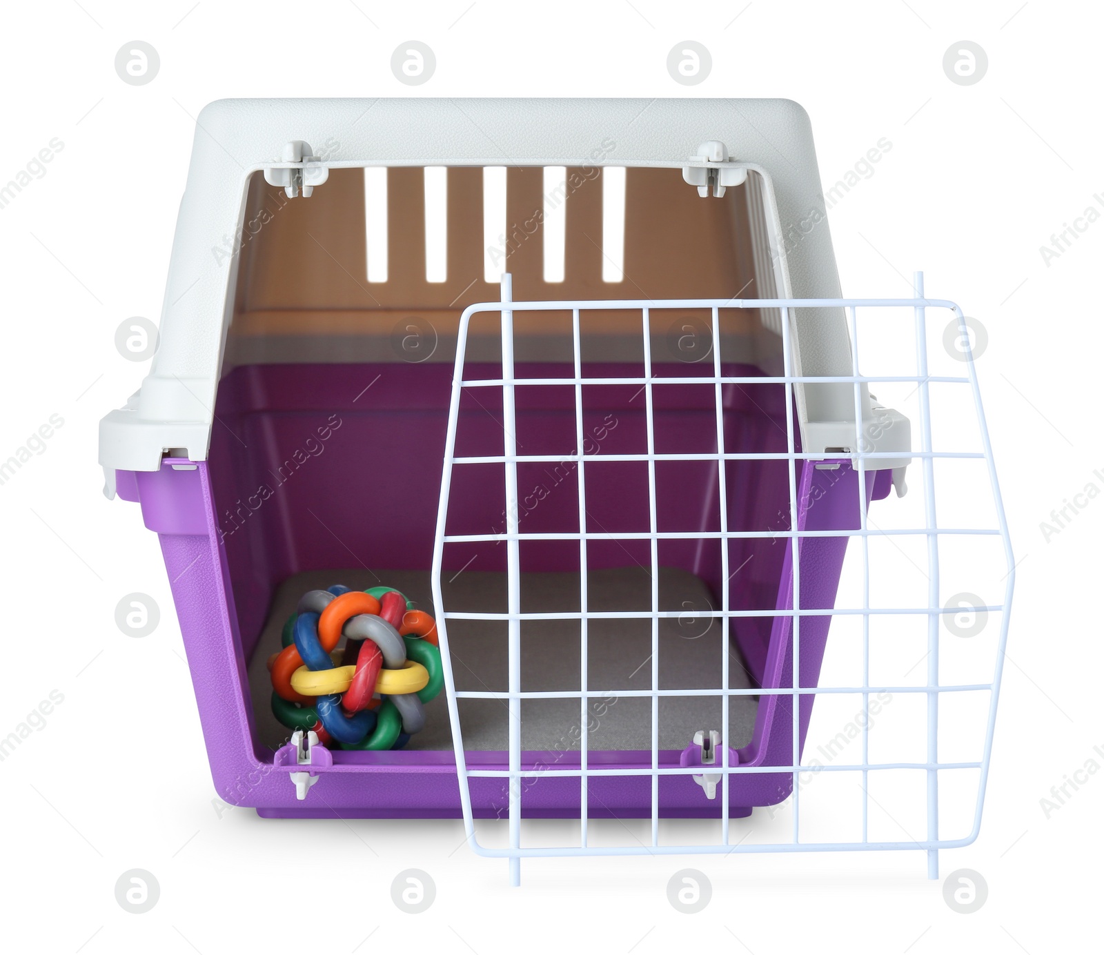 Photo of Violet pet carrier with toy isolated on white