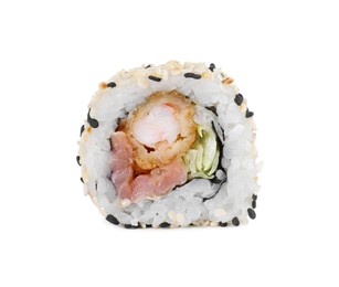 Photo of Tasty sushi roll with shrimp isolated on white