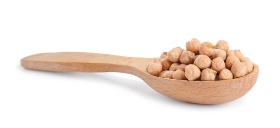 Photo of Raw chickpeas in spoon on white background