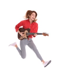 Photo of Young woman playing electric guitar on white background