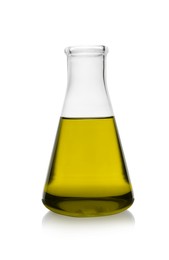 Conical flask with yellow liquid isolated on white. Laboratory glassware