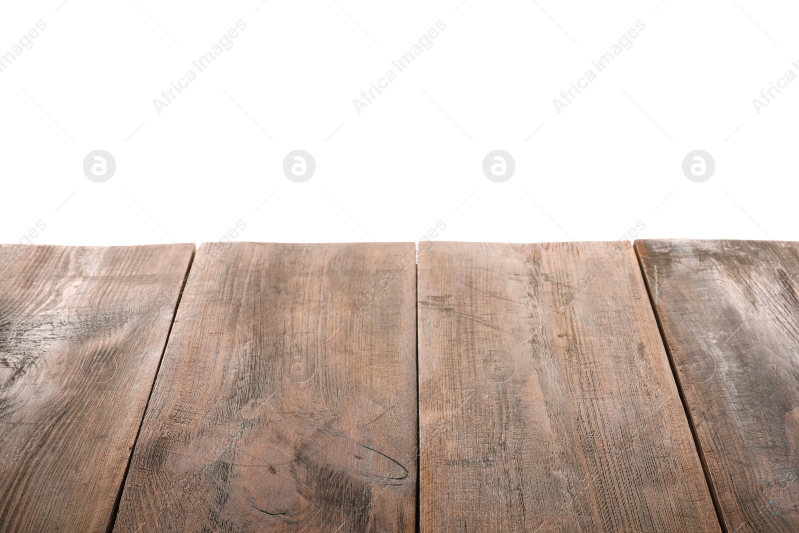 Photo of Empty wooden table surface on white background