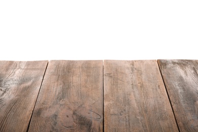 Photo of Empty wooden table surface on white background