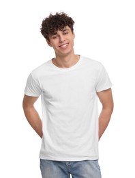 Photo of Man wearing stylish t-shirt on white background. Mockup for design
