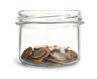 Photo of Glass jar with coins isolated on white