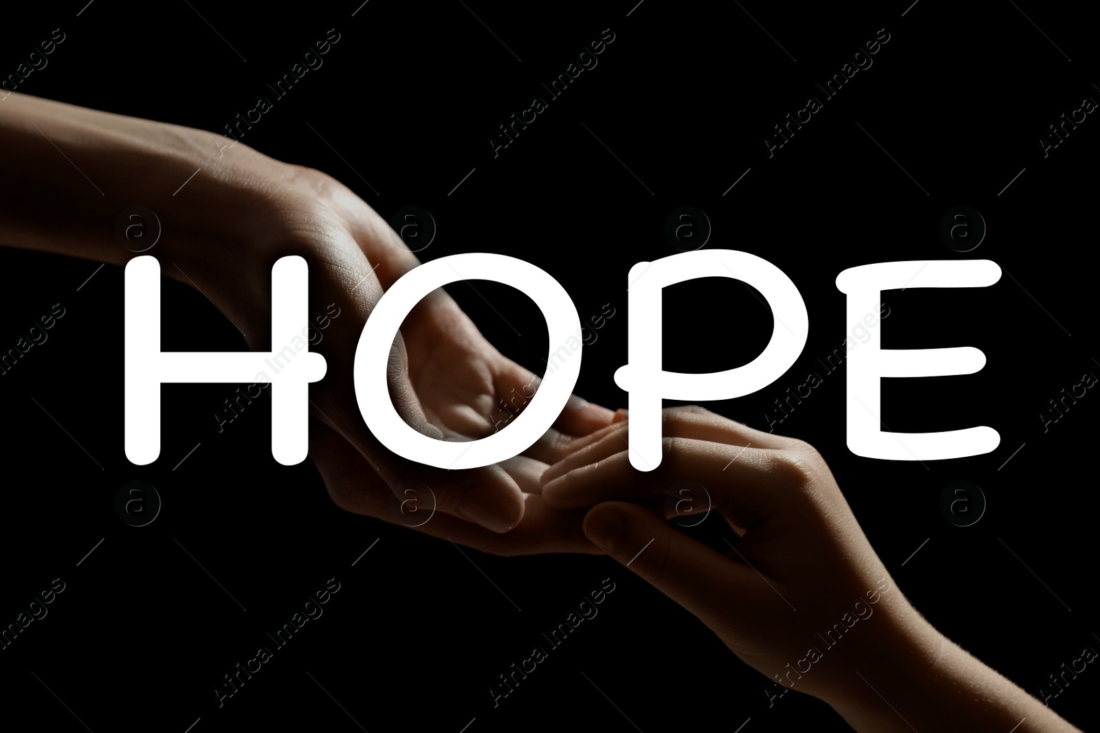 Image of Concept of hope. Woman with child on black background, closeup of hands