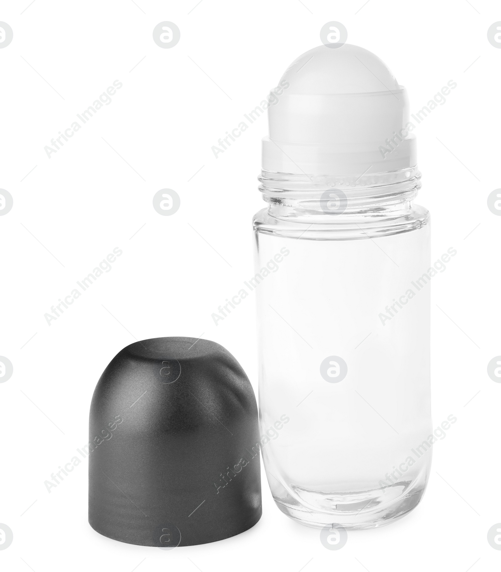 Photo of Blank glass deodorant container on white background