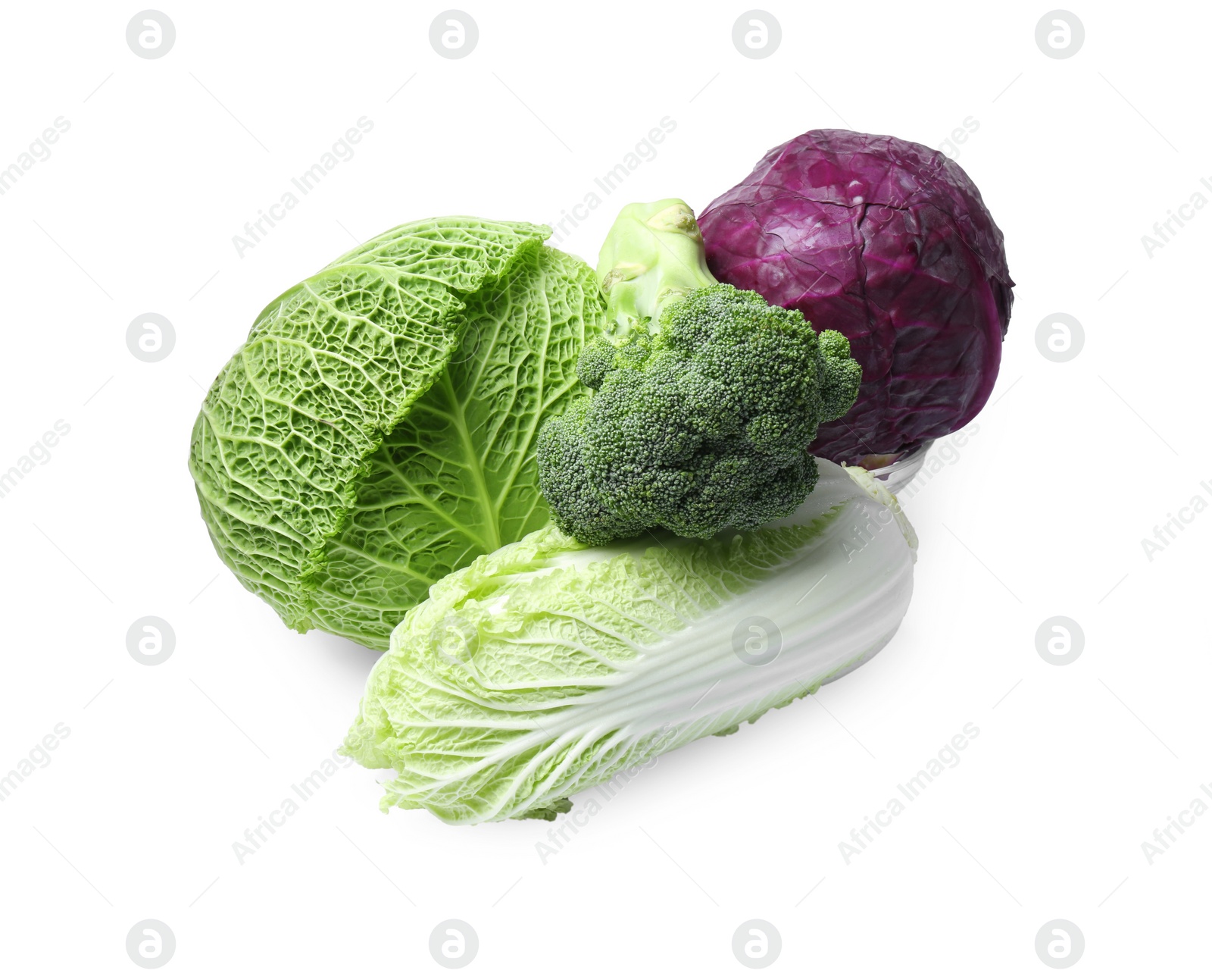 Photo of Many different types of fresh cabbage on white background