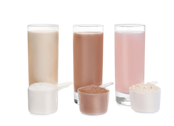 Protein shakes and different types of powder isolated on white