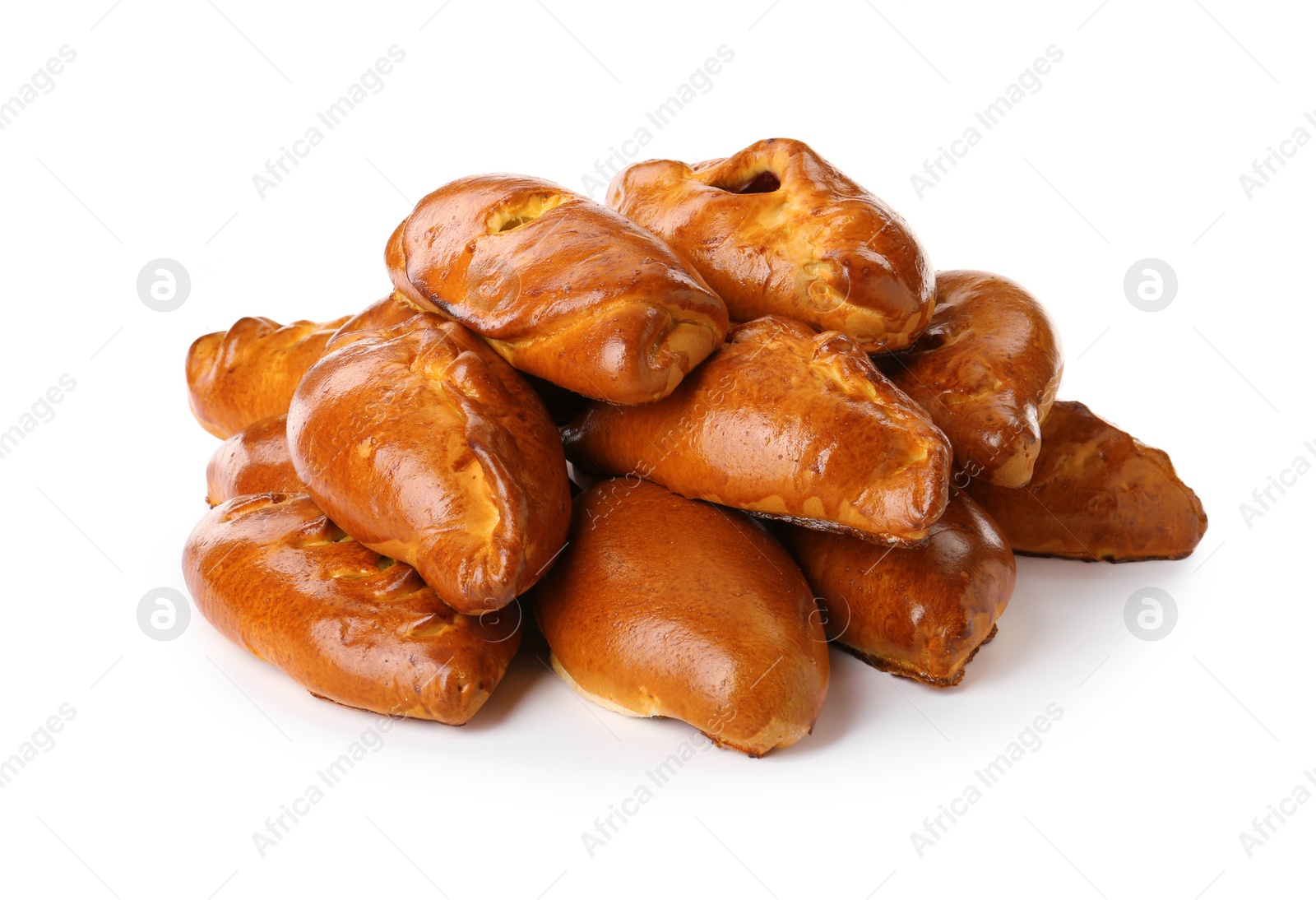 Photo of Many delicious baked patties on white background