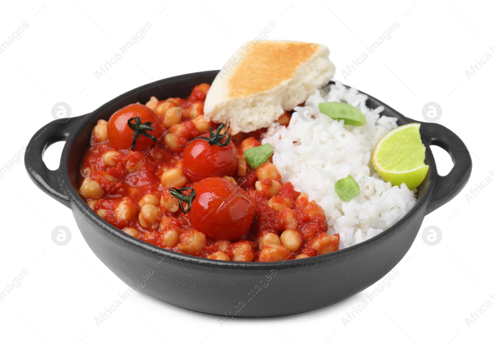 Photo of Delicious chickpea curry with rice on white background