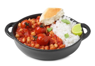 Photo of Delicious chickpea curry with rice on white background