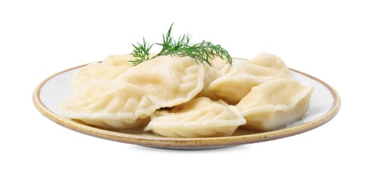 Photo of Cooked dumplings (varenyky) with tasty filling and dill on white background