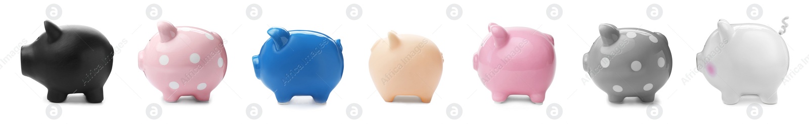 Image of Set with different piggy banks on white background, banner design. Money saving