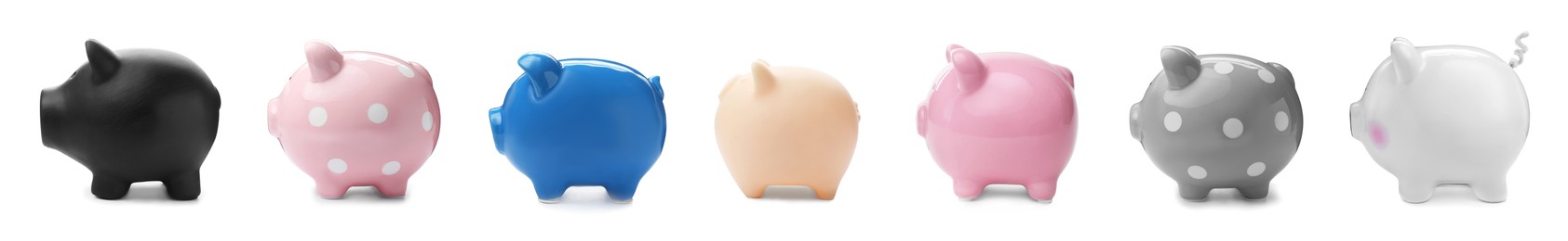 Image of Set with different piggy banks on white background, banner design. Money saving