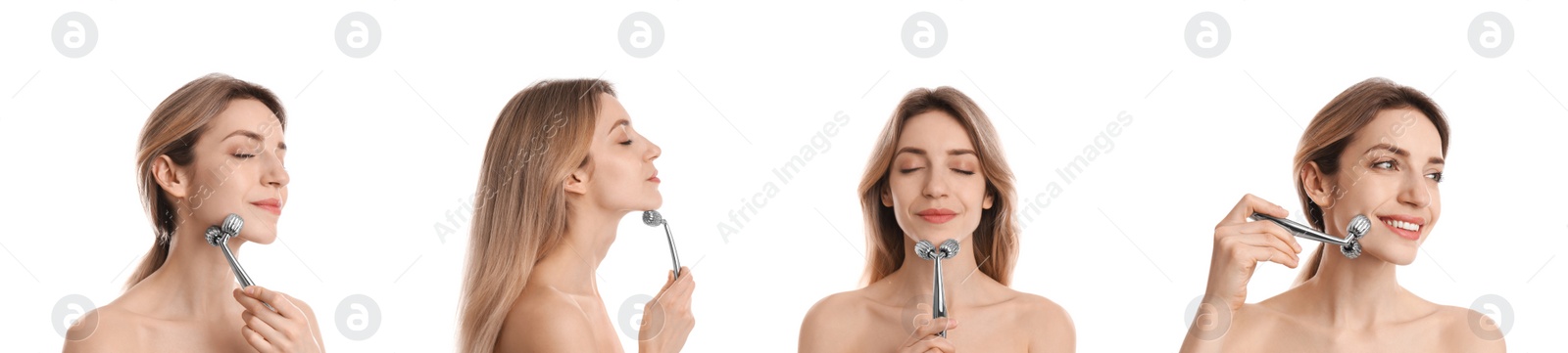 Image of Young woman using face roller on white background, collage. Banner design