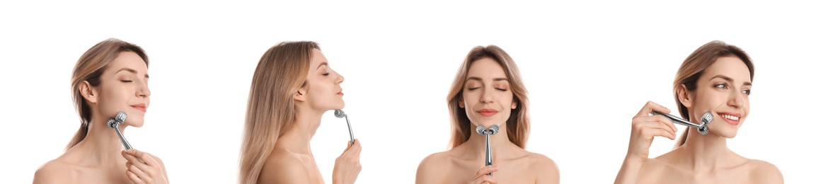 Image of Young woman using face roller on white background, collage. Banner design