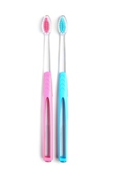 Photo of Color toothbrushes on white background. Dental care