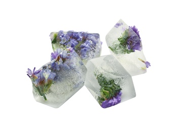 Image of Ice cubes with flowers on white background