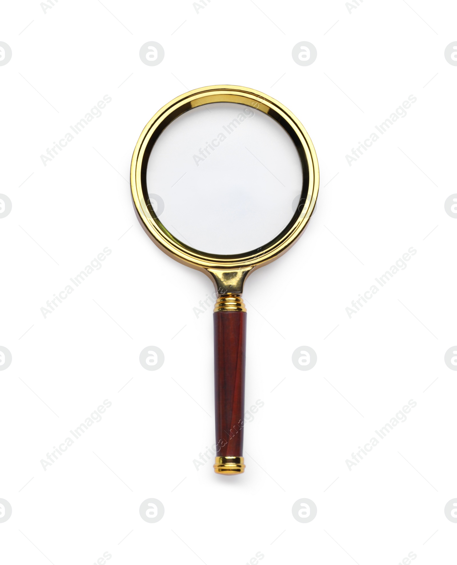 Photo of Magnifying glass with handle isolated on white, top view