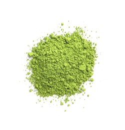 Photo of Pile of green matcha powder isolated on white, top view