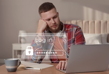 Privacy protection. Man using laptop at home. Digital login interface in front of him