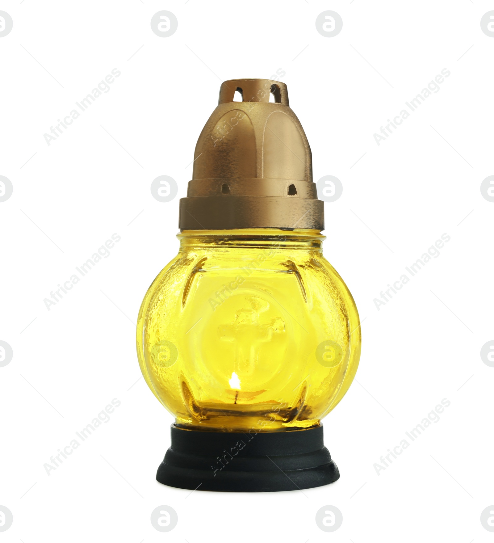 Photo of Yellow grave light with burning candle isolated on white. Symbol of remembrance