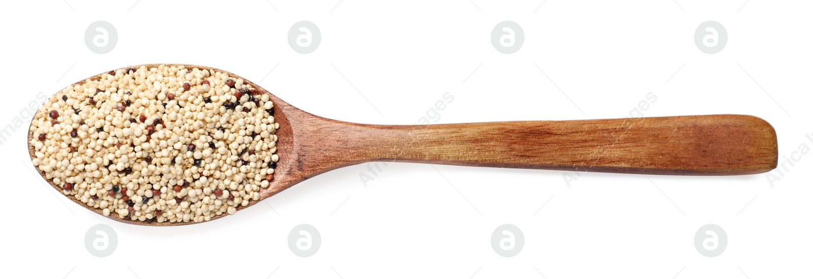 Photo of Raw quinoa seeds in spoon isolated on white, top view