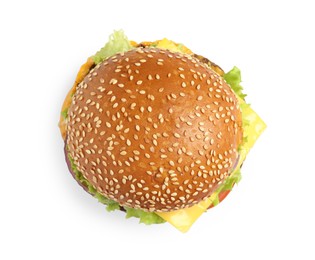 Photo of Delicious burger isolated on white, top view