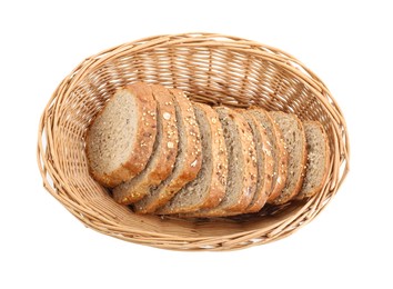 Photo of Slices of fresh homemade bread in wicker basket isolated on white, top view