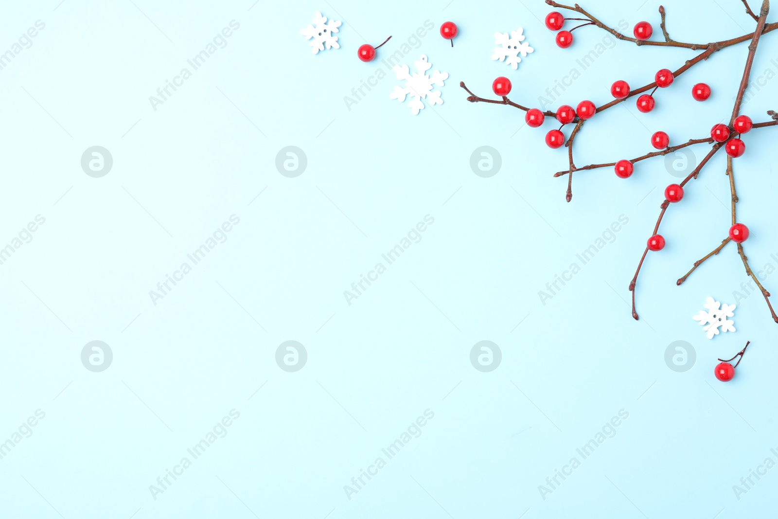 Photo of Winter composition with decorative branches on light blue background, flat lay. Space for text