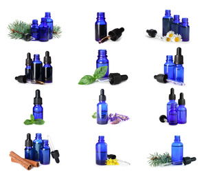 Image of Set with bottles of different essential oils on white background