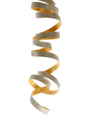 Photo of Shiny serpentine streamer on white background. Festive decor