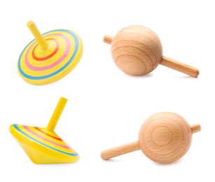 Image of Different spinning tops isolated on white. Toy whirligig