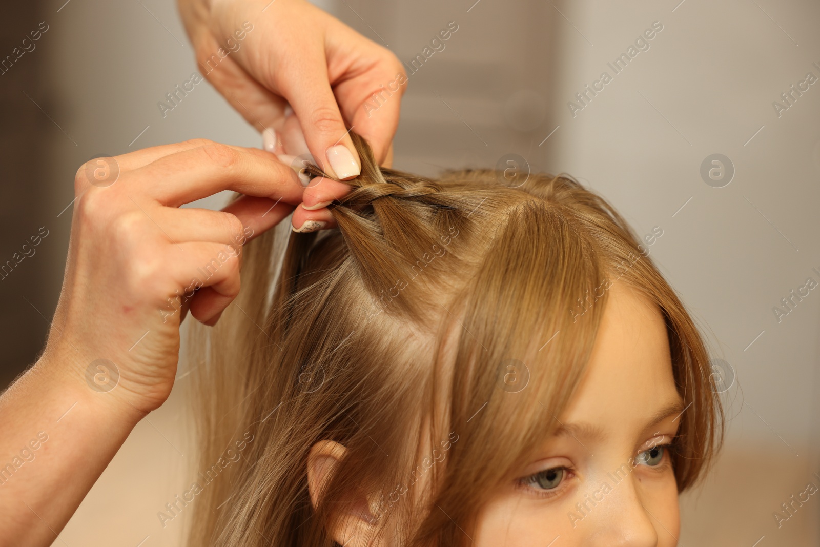 Photo of Professional hairdresser braiding girl's hair in beauty salon, closeup