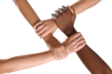 Photo of People joining hands together on white background, closeup