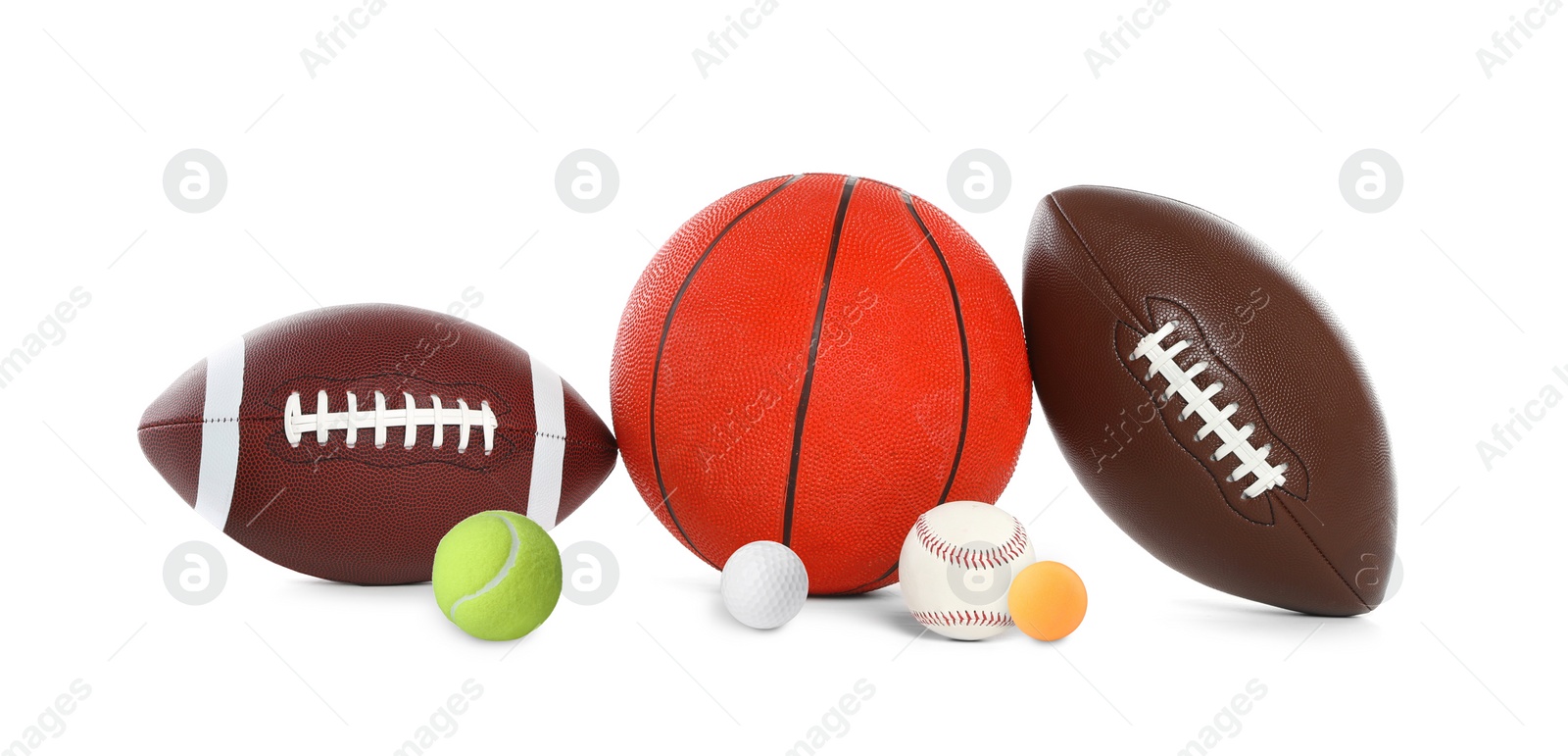 Image of Group of different sport balls on white background 