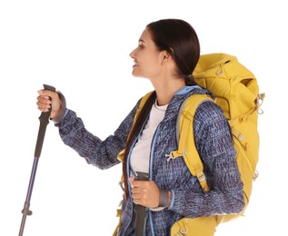 Female hiker with backpack and trekking poles on white background