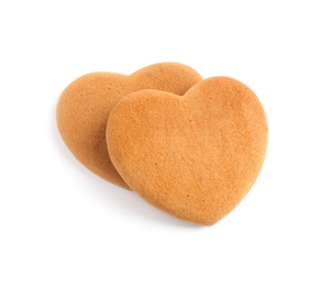 Tasty heart shaped gingerbread cookies isolated on white